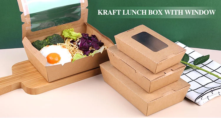 Disposable Kraft Paper Lunch Box Eco Friendly Takeaway Food Packaging Box with Pet Window